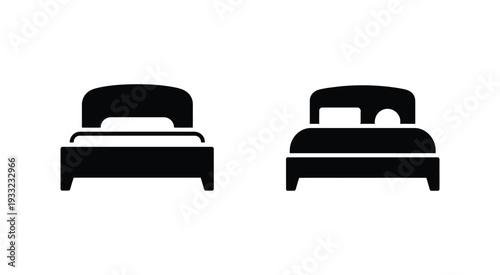 Sleep and bedroom icon illustration, two bed setup with one occupied by a sleeping person, health, relaxation and rest concept, clean black and white vector design.