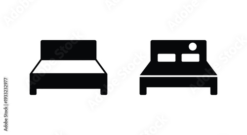 Black and white illustration of two beds, one empty and one with a person sleeping, bedroom and rest concept, simple minimal vector silhouette.