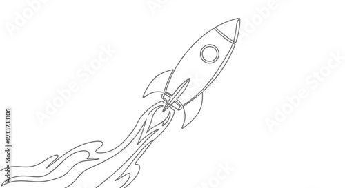 Continuous line drawing of a rocket ship flying through space at high speed