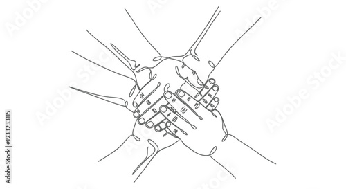 Teamwork concept with a group of hands stacked in a continuous line drawing