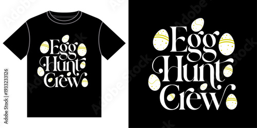 A black t-shirt with an Easter egg hunt crew design on a white background.