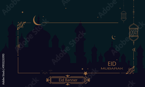 Eid greeting card design | Modern Eid Mubarak celebration  card demo | Banner design with dark mosque background with star, moon, ornament, heart