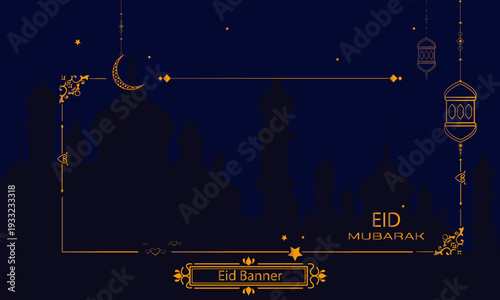Eid greeting card design | Modern Eid Mubarak celebration  card demo | Banner design with dark mosque background and dark navy blue effect