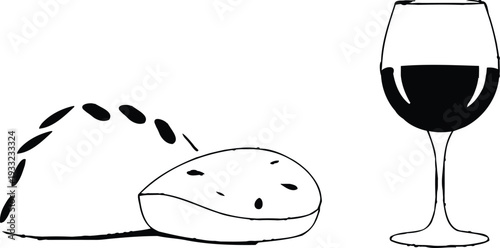 Minimal abstract vector illustration of loaf bread round bun and wine glass elegant outline design symbolizing communion tradition spirituality