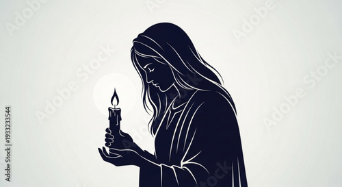 Woman holding lit candle in darkness silhouette on transparent background
