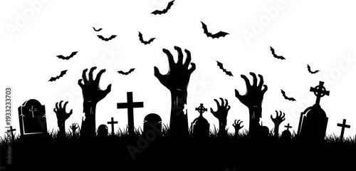 Halloween cemetery silhouette with zombie hands rising from graves, spooky graveyard with tombstones and bats flying on white background