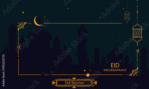 Eid greeting card design | Modern Eid Mubarak celebration  card demo | Banner design with dark mosque background and dark green effect