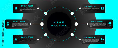 Business diagram with 6 circular steps | Marketing chart infographic design with numbering steps or options for digital process and planning | Modern business planning representation demo