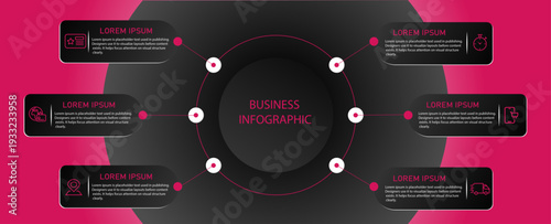 Business diagram with 6 circular steps | Marketing chart infographic design with icons for digital process and planning | Modern business representation demo