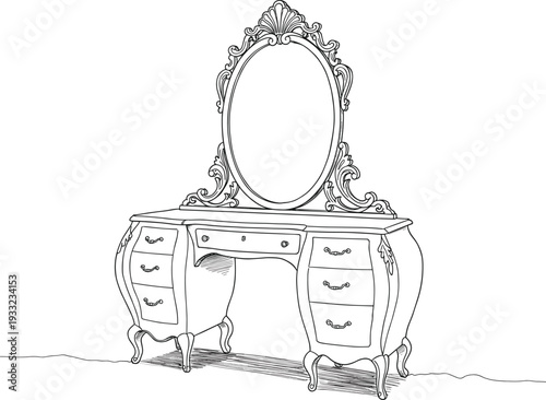 Vintage dressing table with ornate mirror, classic vanity furniture, elegant wooden dresser, detailed sketch, antique style, interior decoration, classic home furnishing