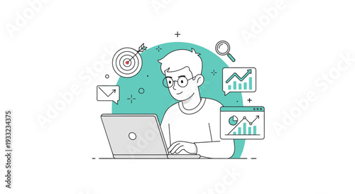 Man working on laptop with business graphics around him.