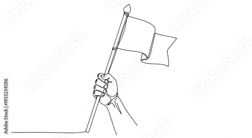 Continuous line drawing of a hand holding a flag for protest or victory concept