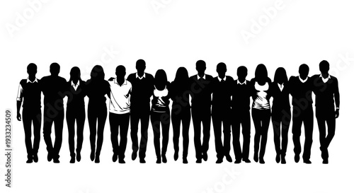 Diverse group of people standing together in silhouette.