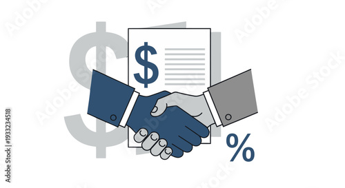 Business agreement handshake with financial documents and symbols.