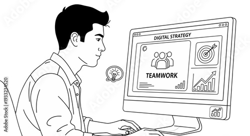 Man working on digital strategy on computer with teamwork concept.