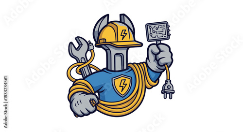 Cartoon electrician character holding tools and electrical plug.