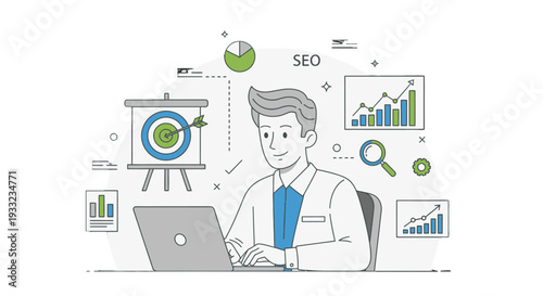 Man working on laptop with SEO and data analysis graphics around him.