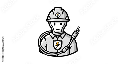 Cartoon electrician worker in uniform with safety helmet and tool.