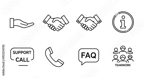 Simple black and white icons representing customer support and teamwork.