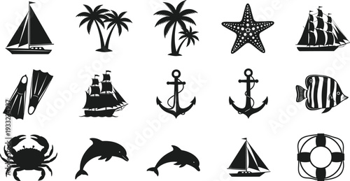 Marine and Tropical Black Silhouette Icons Set with Sailboat, Palm Trees, Anchor, Dolphin and Starfish