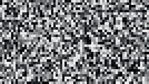A pixelated black and white image with a complex pattern