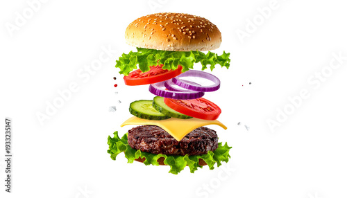 Floating burger with ingredients separated