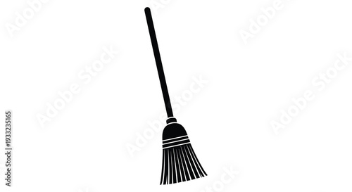 A stark black silhouette of a traditional broom against a bright white background silhouette high quality professional detailed