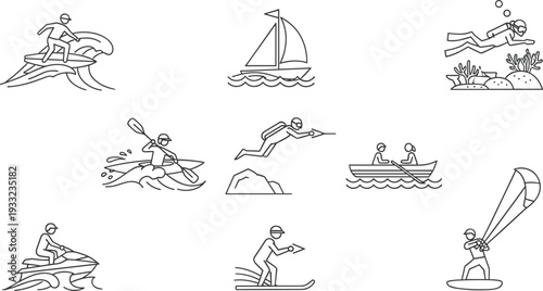 Water Sports and Summer Activities Line Icons Set with Jet Ski, Sailing, Diving, Kayaking and Kitesurfing