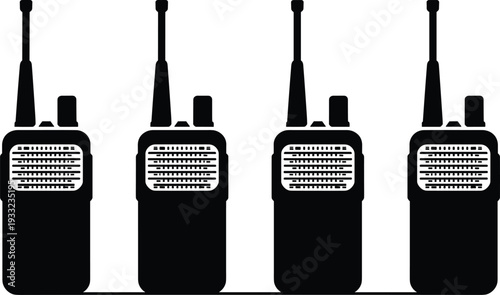 Walkie-talkie radio vector icon set, communication device silhouette, two-way radio illustration, wireless portable transceiver, emergency tool, black isolated symbol