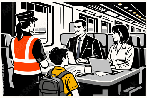 Business Travel Meeting on Train. Business passengers working during train journey.