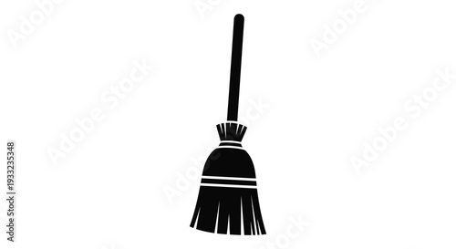 A stark black silhouette of a traditional household broom with a long handle contrasting sharply against white silhouette