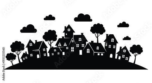 A charming black cityscape with quaint buildings and fluffy clouds creates a peaceful silhouette high quality professional detailed