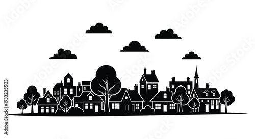 A striking black cityscape with varied buildings and trees against a cloudy sky presented as a silhouette