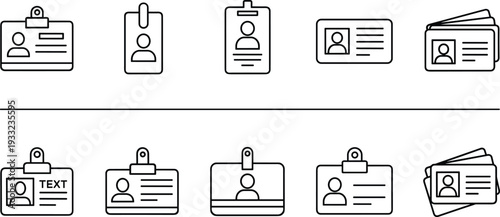 ID Card and Employee Badge Line Icons Set with Lanyard, Clip and Identification Cards Vector