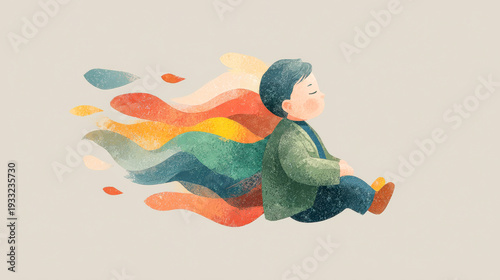 Boy meditating with flowing colorful waves of thought
