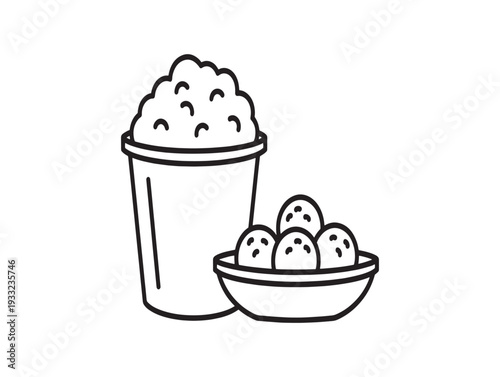 A cartoon illustration of a bucket of popcorn and a bowl of candy