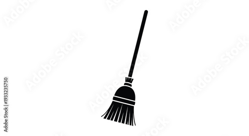 A simple stark black silhouette of a traditional household broom standing upright against white background silhouette high quality