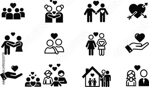 Love and Relationship Black Icons Set with Couples, Family, Heart Care and Romantic Symbols