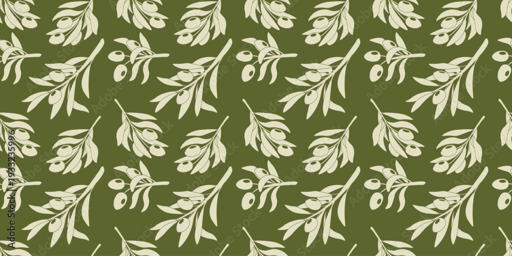 Fototapeta premium Seamless repeating pattern of olive branches with olives and leaves in light silhouette style on dark green background.