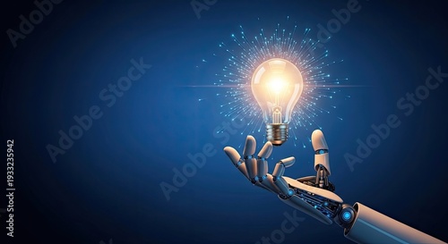 Artificial intelligence concept robot hand holding light bulb with glowing idea
