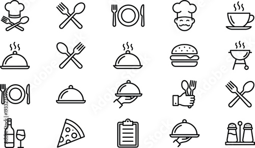 Restaurant and food service line icon set featuring chef utensils meals drinks catering dining symbols vector illustration