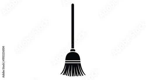 A simple stark image depicting a broom standing vertically against a white background silhouette high quality professional detailed