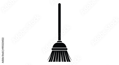 A minimalist depiction of a traditional broom standing upright against a white background silhouette high quality professional detailed