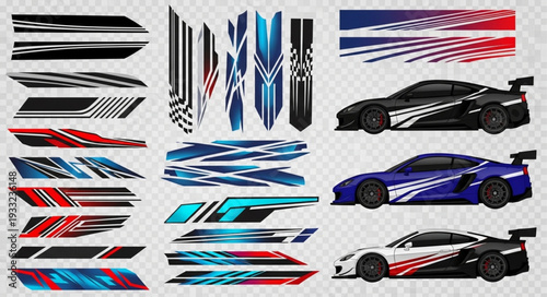 Collection of car decals and racing stripes for vehicle customization.