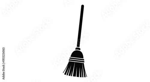 A minimalist depiction of a traditional broom standing upright against a white backdrop silhouette high quality professional detailed