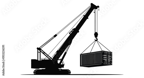A stark black silhouette of a construction crane lifting a shipping container displaying industrial power silhouette high quality