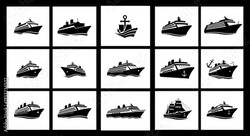 Collection of various cruise ships and nautical anchor illustrations in black and white.