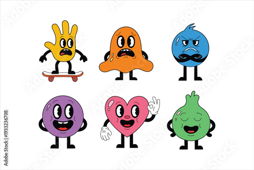 Six emotive cartoon characters in various poses on, flat illustration isolated on white background