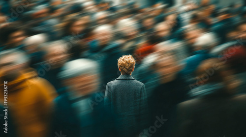 Person standing alone separating from moving crowd
