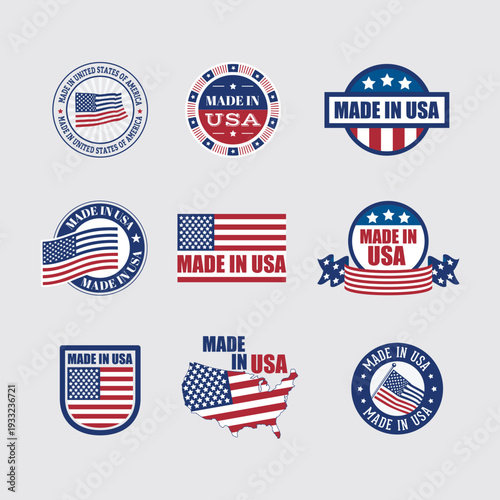Made in USA Labels and Badges Set with American Flag Elements